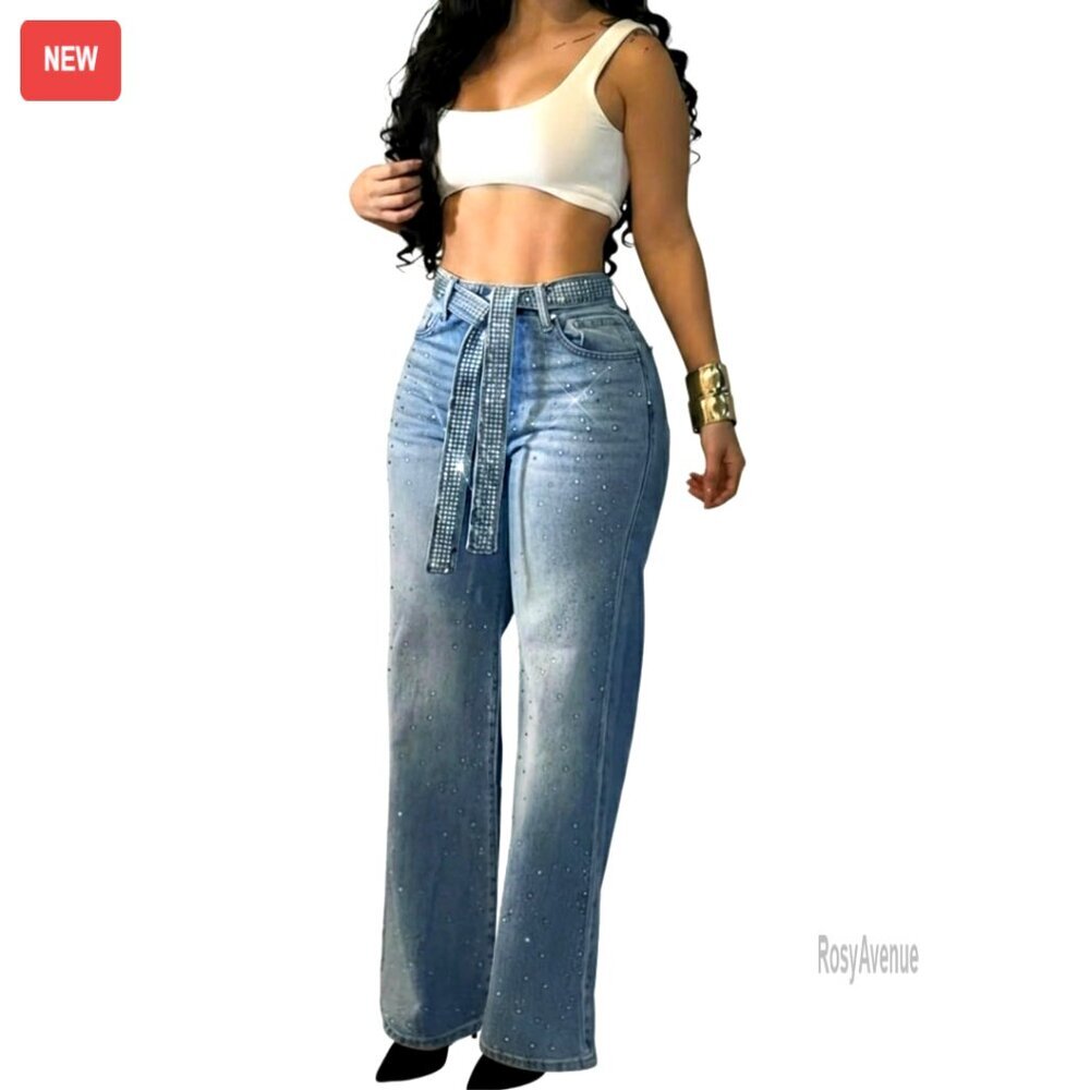 High Waisted Wide Leg Jeans with Rhinestones and Matching Belt